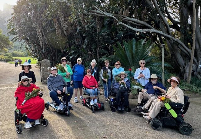 A group of elderly people and caregivers outdoors in a garden.