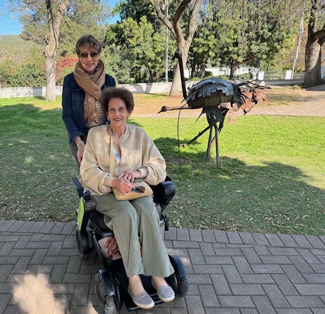 A woman in a wheelchair and another woman smiling in a park with sculptures.